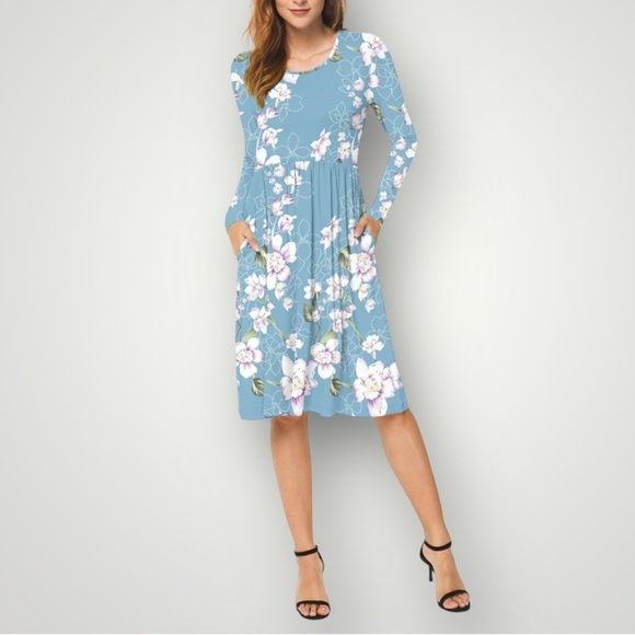 Db Moon Long Sleeve Empire Waist Flower Dress with Pockets (934) - Picture 1 of 10